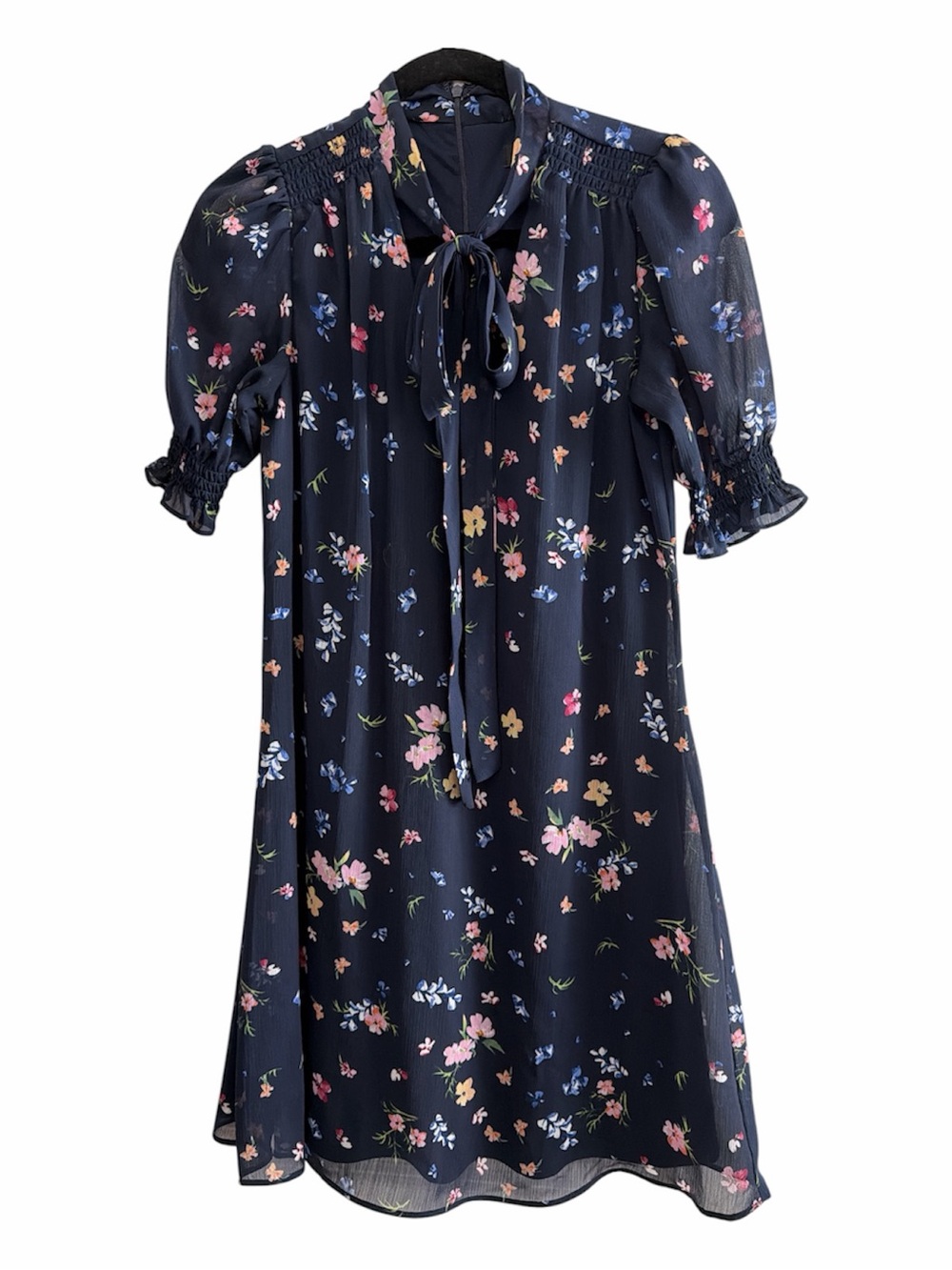 DKNY Navy Floral Tie-Neck Blouse